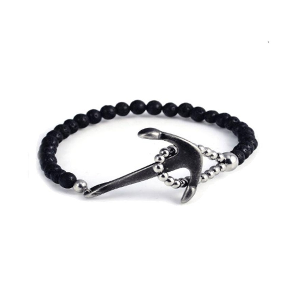 Anchor Hook Bracelet Black Lava Beads 8"